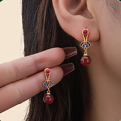 Cloisonne / Inlaid earrings / Royal design / Auspicious cloud Chinese style / Natural chalcedony eardrops / High-end ear studs