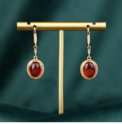 Earrings / gold-plated / natural / chalcedony inlay / unique design / antique style / high-end feel