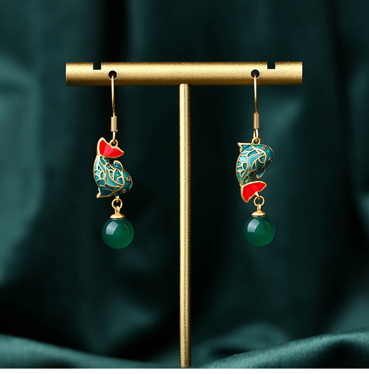 Earrings / Ancient Craftsmanship / Carp / Koi / Inlaid Green Jade Marrow / Retro