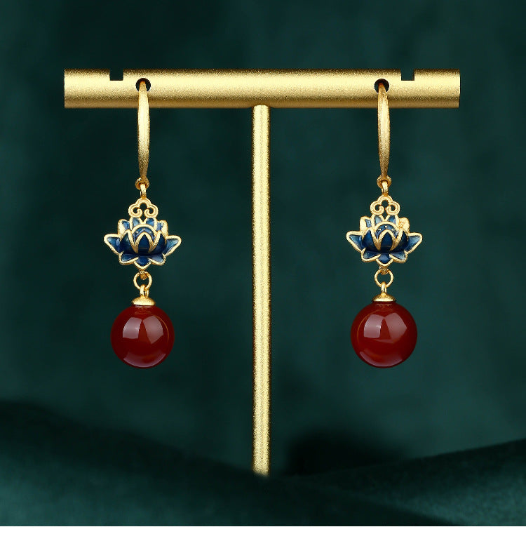 Enamel / gold-plated / lotus style / lucky lotus / natural chalcedony earrings / high-end earrings