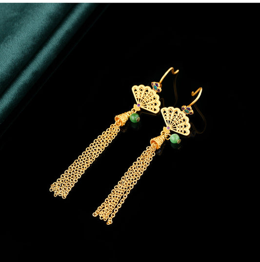 High color preservation / earrings / New Chinese style / fans / tassels / earrings / court / ethnic / handmade