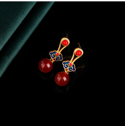 Cloisonne / Inlaid earrings / Royal design / Auspicious cloud Chinese style / Natural chalcedony eardrops / High-end ear studs