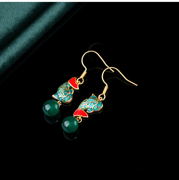 Earrings / Ancient Craftsmanship / Carp / Koi / Inlaid Green Jade Marrow / Retro