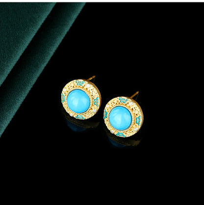 Round earrings / silver needles / gold-plated / optimized turquoise / synthetic jade / hollow craftsmanship / showcasing temperament / versatile