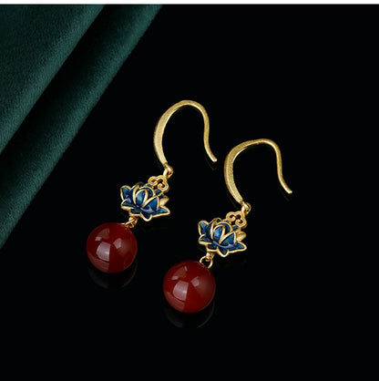 Enamel / gold-plated / lotus style / lucky lotus / natural chalcedony earrings / high-end earrings