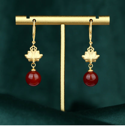 Enamel / gold-plated / lotus style / lucky lotus / natural chalcedony earrings / high-end earrings