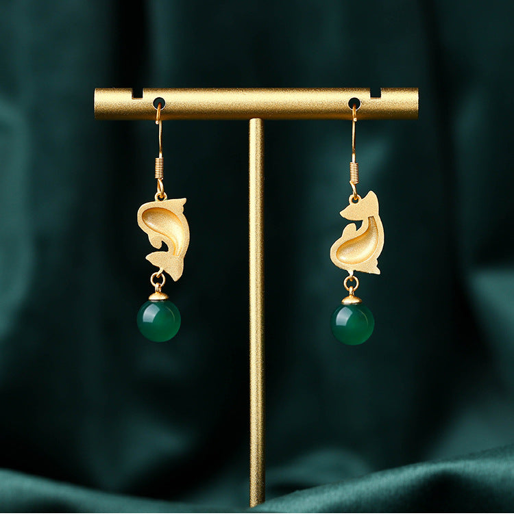 Earrings / Ancient Craftsmanship / Carp / Koi / Inlaid Green Jade Marrow / Retro