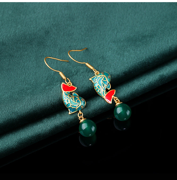 Earrings / Ancient Craftsmanship / Carp / Koi / Inlaid Green Jade Marrow / Retro