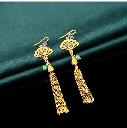 High color preservation / earrings / New Chinese style / fans / tassels / earrings / court / ethnic / handmade