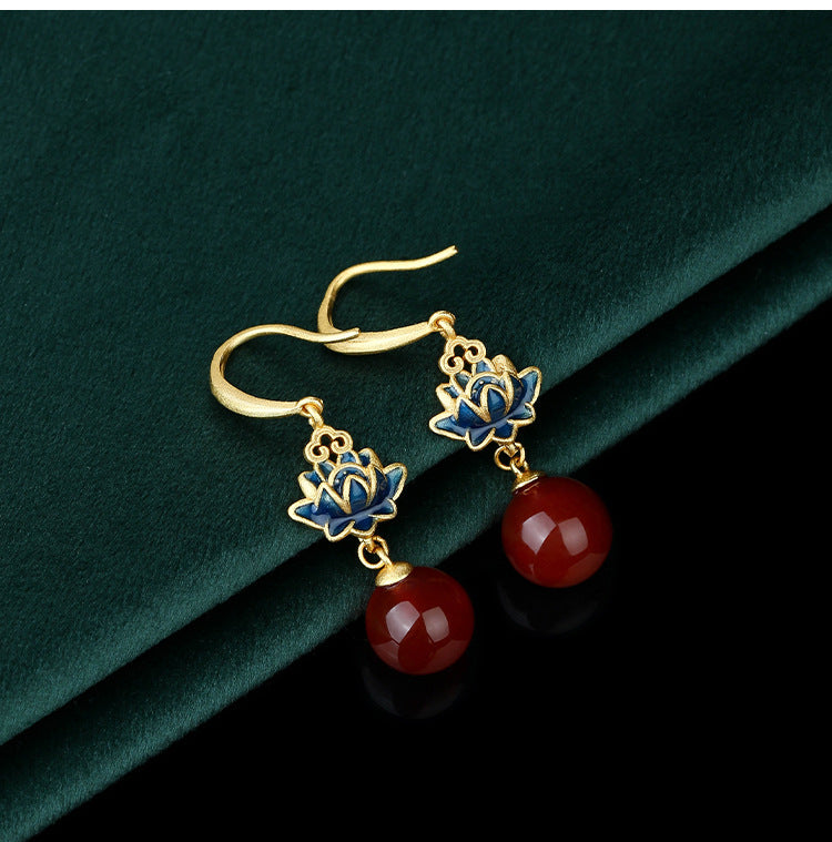 Enamel / gold-plated / lotus style / lucky lotus / natural chalcedony earrings / high-end earrings