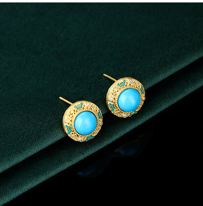 Round earrings / silver needles / gold-plated / optimized turquoise / synthetic jade / hollow craftsmanship / showcasing temperament / versatile