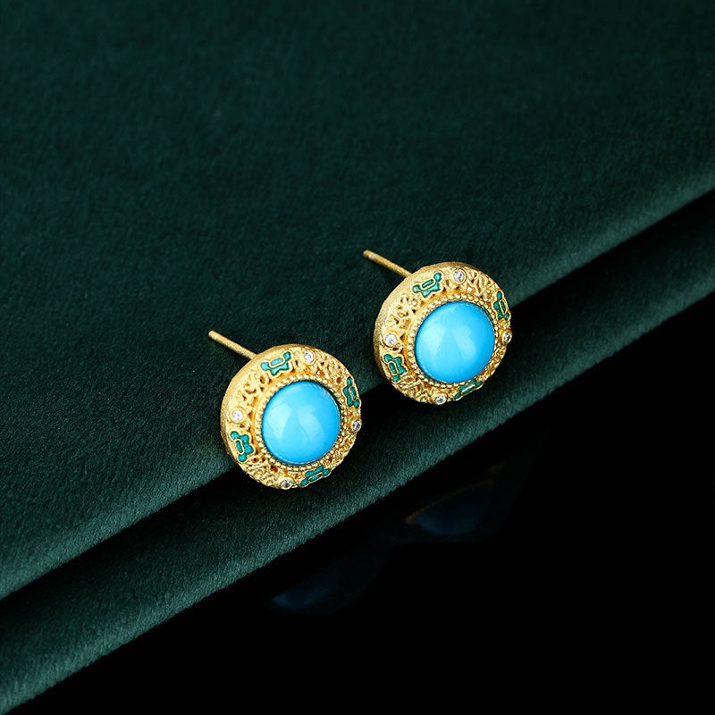 Round earrings / silver needles / gold-plated / optimized turquoise / synthetic jade / hollow craftsmanship / showcasing temperament / versatile