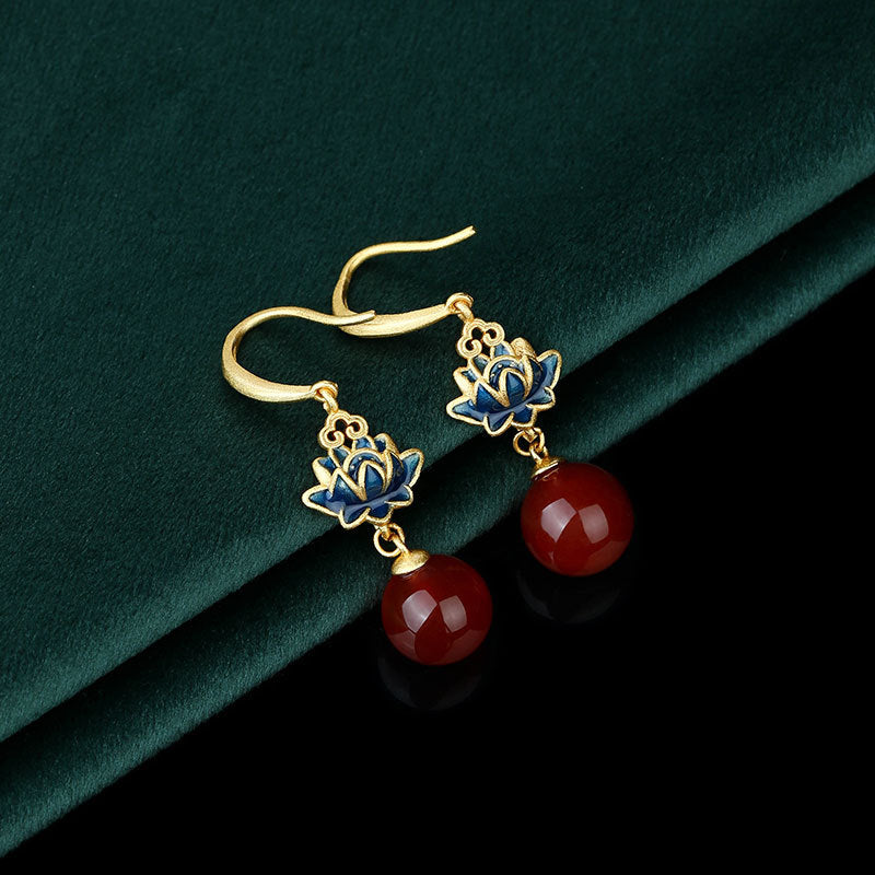 Enamel / gold-plated / lotus style / lucky lotus / natural chalcedony earrings / high-end earrings