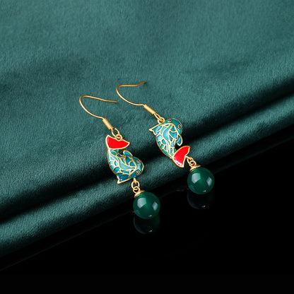 Earrings / Ancient Craftsmanship / Carp / Koi / Inlaid Green Jade Marrow / Retro