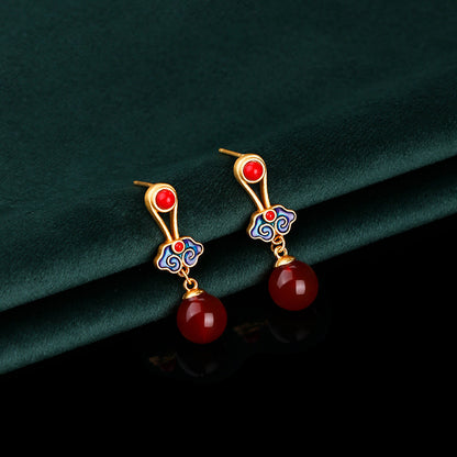 Cloisonne / Inlaid earrings / Royal design / Auspicious cloud Chinese style / Natural chalcedony eardrops / High-end ear studs