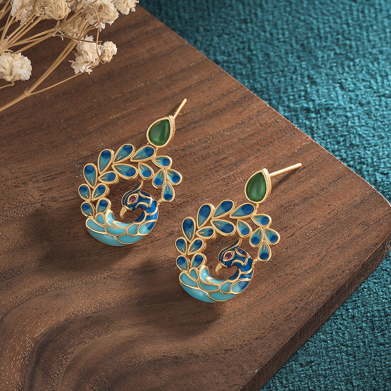 Vintage style / Earrings / Enamel craftsmanship / Peacock / Natural chalcedony / Agate