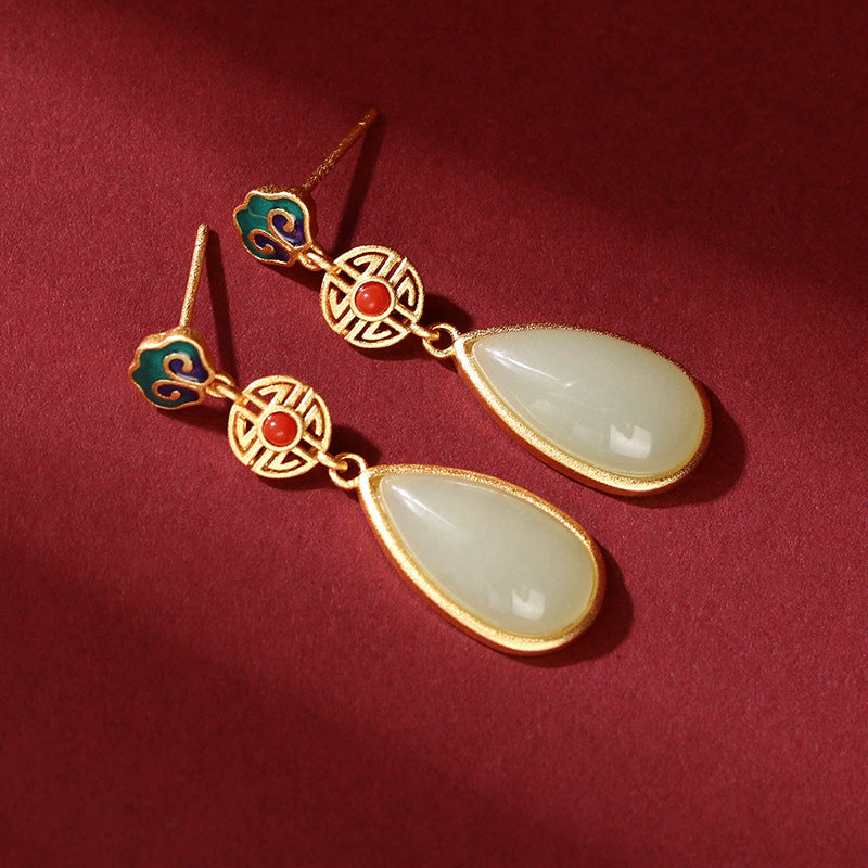 Earrings / Ancient techniques / Inlaying / Synthetic jade / Auspicious clouds / Water droplets / Retro / Earnail silver needles