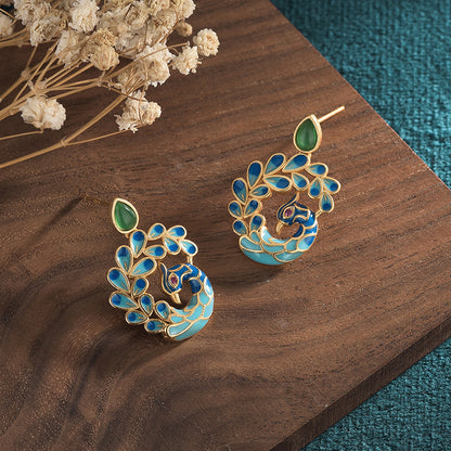 Vintage style / Earrings / Enamel craftsmanship / Peacock / Natural chalcedony / Agate