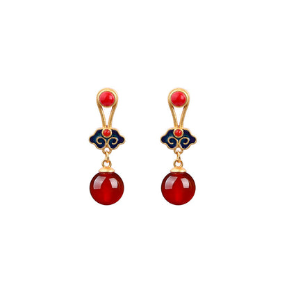 Cloisonne / Inlaid earrings / Royal design / Auspicious cloud Chinese style / Natural chalcedony eardrops / High-end ear studs