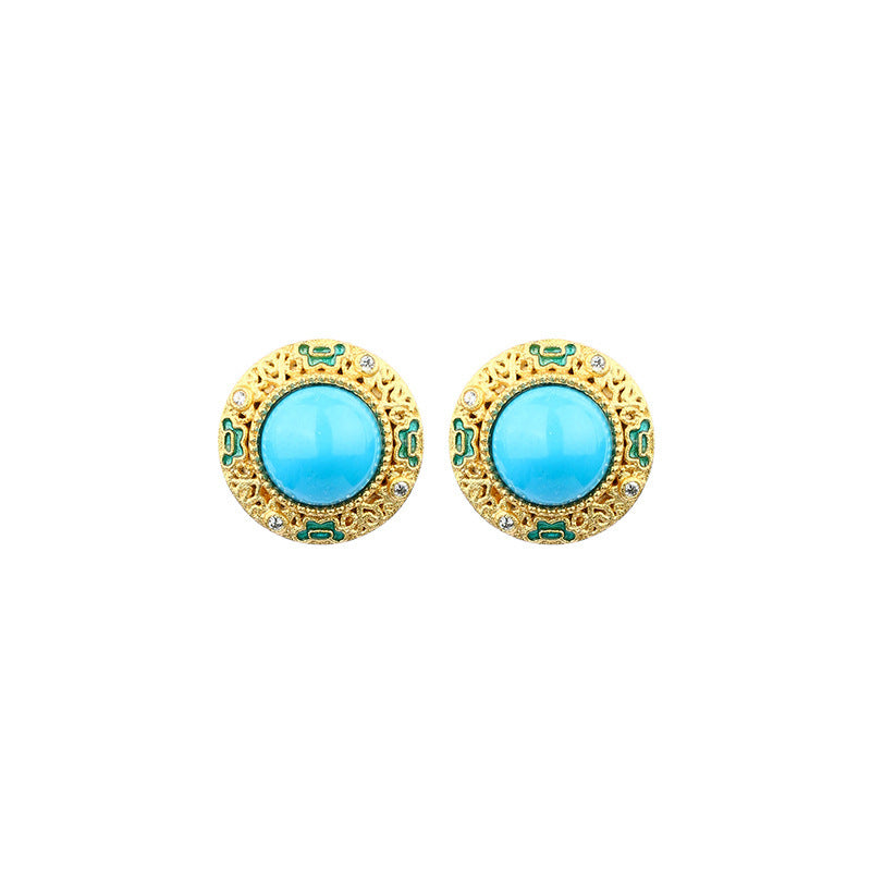 Round earrings / silver needles / gold-plated / optimized turquoise / synthetic jade / hollow craftsmanship / showcasing temperament / versatile