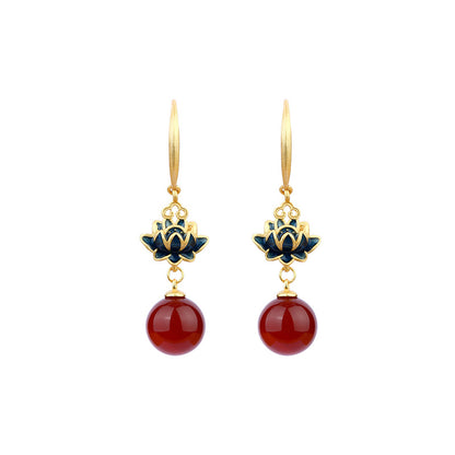 Enamel / gold-plated / lotus style / lucky lotus / natural chalcedony earrings / high-end earrings