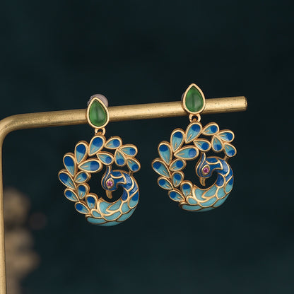 Vintage style / Earrings / Enamel craftsmanship / Peacock / Natural chalcedony / Agate